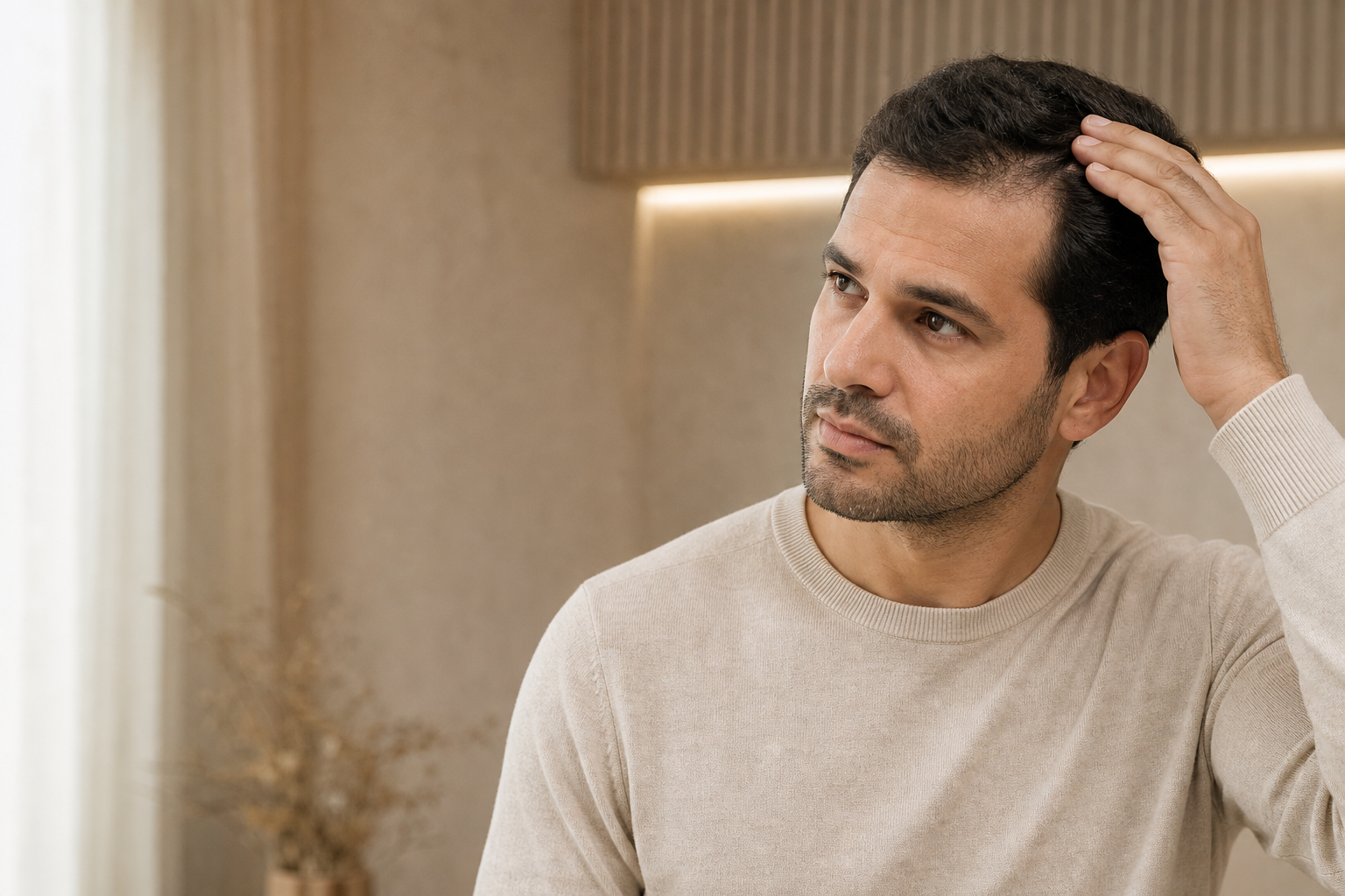 Homem observando cuidadosamente a região frontal do cabelo em ambiente acolhedor